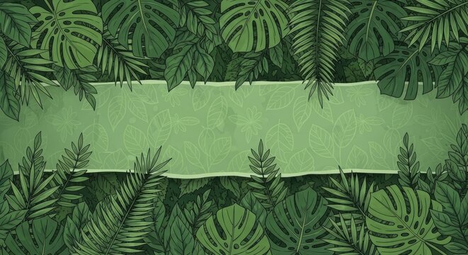 Beautiful green tropical leaves frame a banner with a floral pattern in a jungle inspired illustration