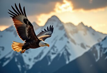 Obraz premium Bald eagle soaring with spread wings over snowy mountain landscape at sunset. Symbol of freedom and power for nature conservation, travel branding, leadership concepts, inspirational visuals, banners