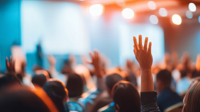 Professional conference audience raising hands  to ask questions during business presentation,hands of people raised at a concert 