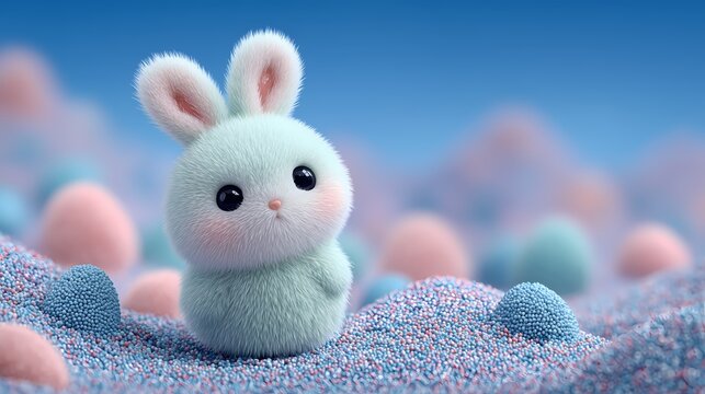 Cute Easter Bunny on Colorful Egg in 3D Pop Art Style, Spring Holiday Celebration