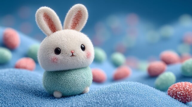 Cute Easter Bunny on Colorful Egg in 3D Pop Art Style, Spring Holiday Celebration