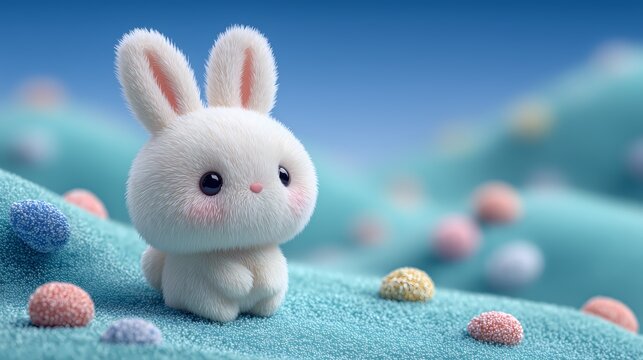 Cute Easter Bunny on Colorful Egg in 3D Pop Art Style, Spring Holiday Celebration