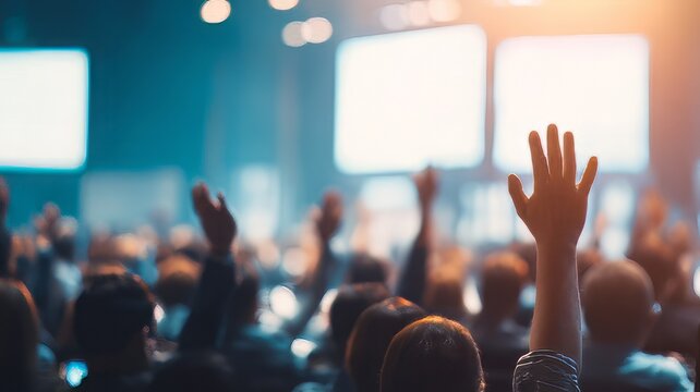 Professional conference audience raising hands  to ask questions during business presentation,hands of people raised at a concert 