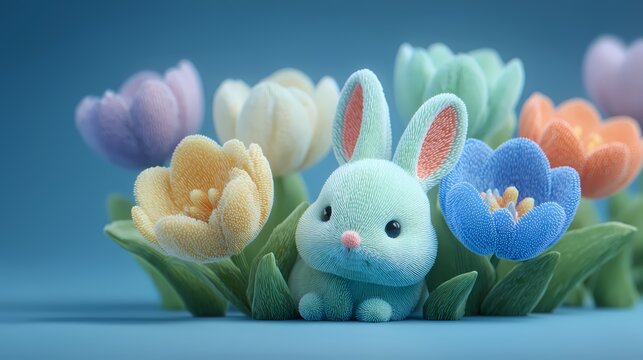 Cute Easter Bunny on Colorful Egg in 3D Pop Art Style, Spring Holiday Celebration