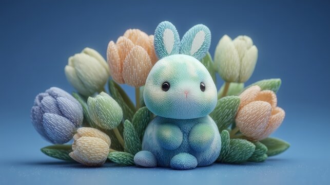 Cute Easter Bunny on Colorful Egg in 3D Pop Art Style, Spring Holiday Celebration