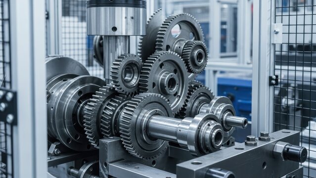 Close-up of complex mechanical gears and shafts arranged on an industrial machine