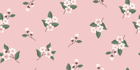 Seamless pattern with cherry blossom flowers on pink background. Fabric print. © Tatiana