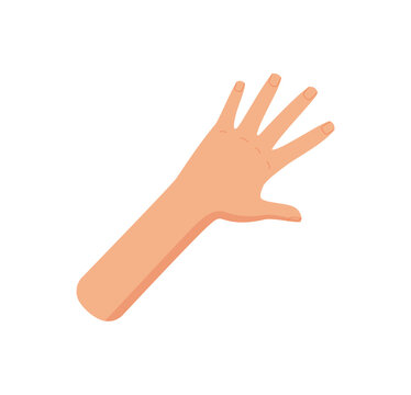 Flat cartoon hand showing a gesture for the number five sticker. Open palm and fingers make a counting signal. Bare skin body pose conveys concept of math and position. Isolated visual style allows