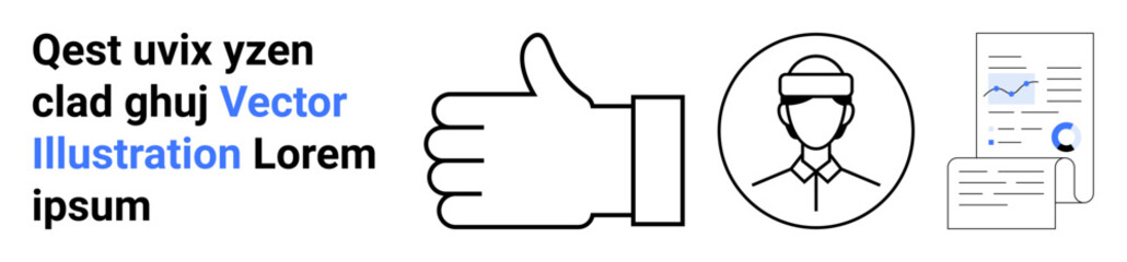 Obraz premium Business services, analytics, approvals, communication, professionalism, evaluation. A thumbs-up symbol, a business profile icon and analytical documents. Business services and analytics concept