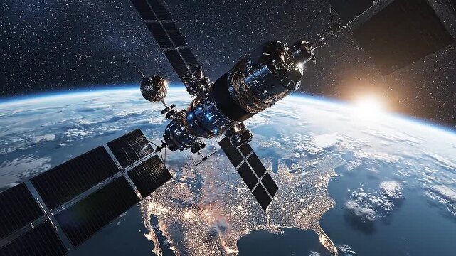 A complex space station orbits earth displaying solar panels and intricate details