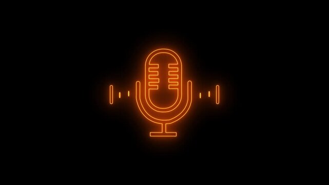 Glowing neon voice recording microphone button icon animation. Audio microphone icon animation in black background. Neon line microphone icon. 4k video motion graphic animation.