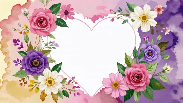 Colorful floral heart frame with roses and daisies.