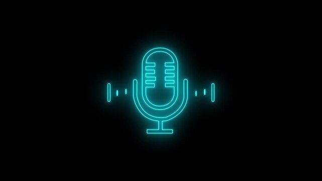 Glowing neon voice recording microphone button icon animation. Audio microphone icon animation in black background. Neon line microphone icon. 4k video motion graphic animation.