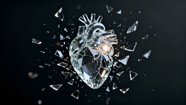 Shattered glass heart with fragments exploding outwards against a dark background