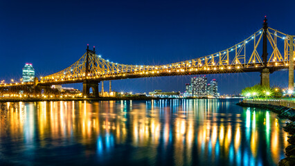 Fototapeta premium Ed Koch bridge, aka Queensboro bridge, as viewed by night from Roosevelt Island bridge in Queens, New York City