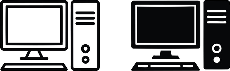 Comparison of Outline and Solid Desktop Computer Icons, vector, illustration, silhouette. © naeem
