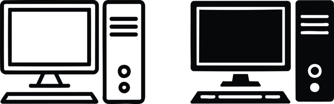 Comparison of Outline and Solid Desktop Computer Icons, vector, illustration, silhouette.