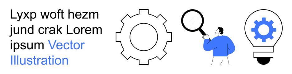 Fototapeta na wymiar Problem-solving, innovation, research, technology, creativity, teamwork. Gear mechanism, magnifying glass and light bulb with a person analyzing. Problem-solving and innovation concepts