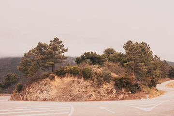 Mountain road curve with trees and rocky hillside under cloudy sky