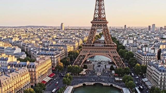 Paris cityscape viewed from the eiffel tower during golden hour light
