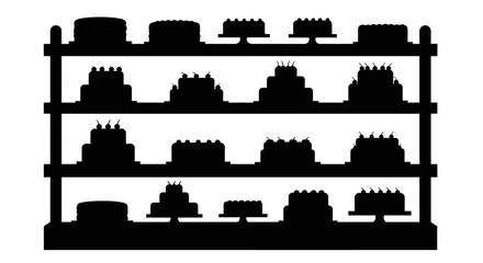 Fototapeta premium Elegant black silhouette illustration of a bakery display shelf filled with various decorative cakes, ideal for sweet shop branding, menu design, or event catering graphics