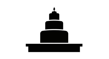 A tiered black silhouette of a celebratory cake with a single candle, presented on a platform