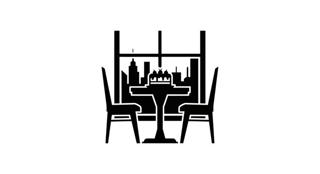 Dining table and chairs in front of a city skyline window, suggesting a celebratory meal or event