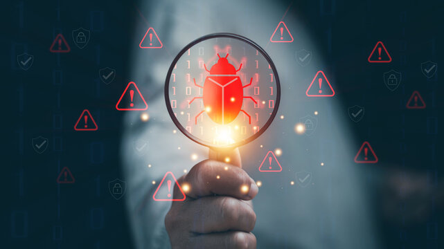 Cybersecurity threat detection concept. Magnifying glass analyzing malware bug icon. Data breach warning alerts and digital security protection against cyber attack and network vulnerabilities.