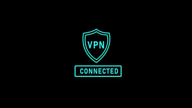 VPN, Virtual private network protocol line animation of VPN icon on a virtual screen for connecting to VPN network. Cyber security system with shield icon