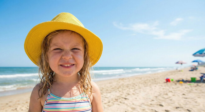 A little child enjoys a summer vacation on the beach in a yellow Panama hat. A little girl of 3-4 years old squinted her eyes from the bright sun against a blue sky. On the right is free space