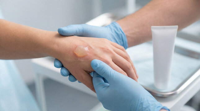 Close up of doctor hands in blue latex gloves examining a large burn blister on a female patient hand. Professional dermatologist consultation meeting assessing the severity of a second degree thermal