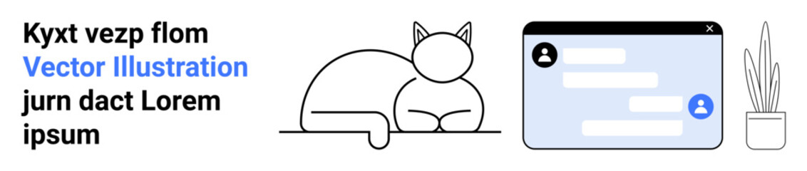Fototapeta premium Digital interaction, relaxation, playful design, messaging platforms, online communication, home lifestyle. Minimalistic design features a cat, a chat interface and a plant. Digital interaction