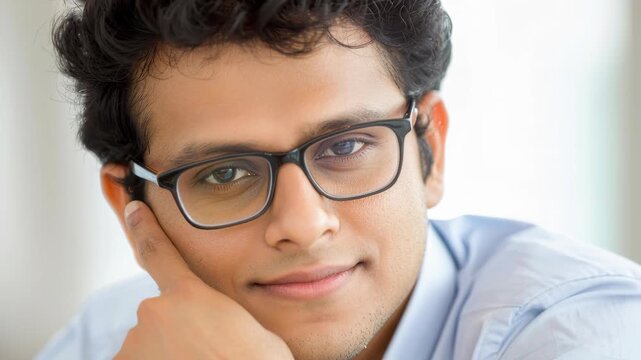 Portrait of Contemplation: A close-up portrait of a thoughtful man, gazing directly at the viewer with an air of intelligence, wearing glasses. His gaze conveys a sense of calm reflection.