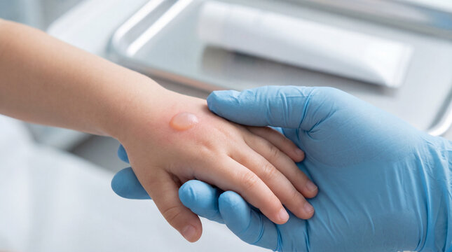 Close up of a pediatrician hand in blue glove examining a large burn blister on a little child hand in a medical clinic.