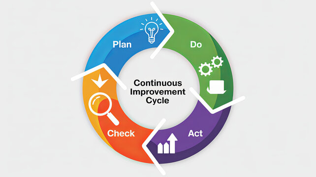 Continuous Improvement Cycle: A visual representation of the continuous improvement cycle, showing the iterative process of Plan, Do, Check, and Act in a business or project management context.