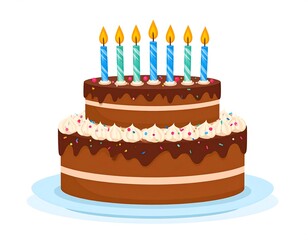 A two-tiered dessert, adorned with chocolate frosting, whipped cream, and sprinkles. Topped with lit blue and teal candles