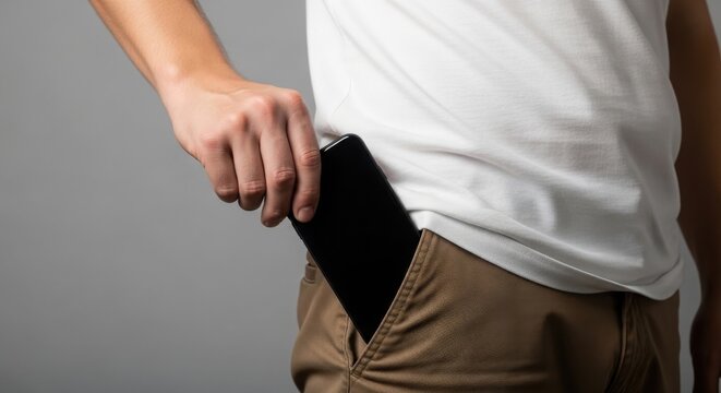Man putting smartphone in back pocket of brown pants while standing against gray background