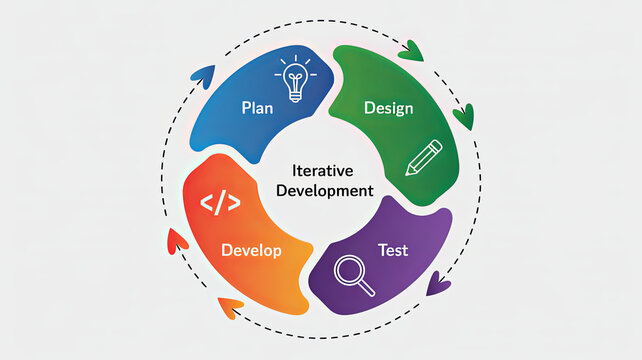 Iterative Development Cycle: A colorful and dynamic visual representation of the iterative development process, showcasing the cyclical nature of plan, design, develop, and test phases.