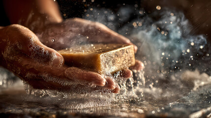 Fototapeta premium Creamy Soap Bubbles and Steam with Hands Washing Under Warm Water, Generative AI illustrations.
