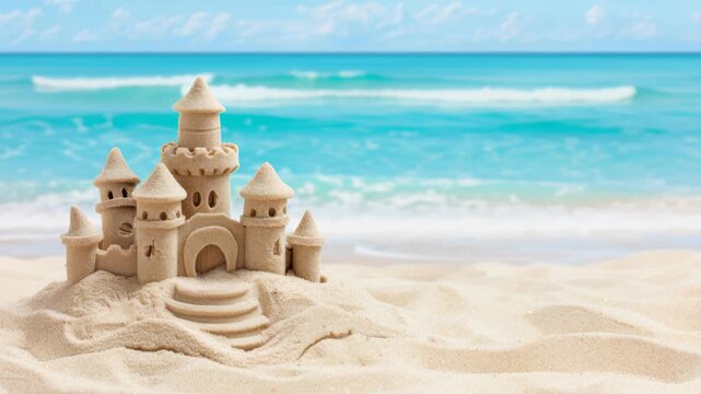 Sandcastle by the Sea: A whimsical sandcastle stands proudly on a sun-kissed beach, its intricate towers and turrets capturing the essence of childhood fun against the backdrop of a serene ocean.