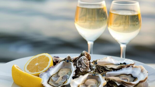 Seaside Culinary Delight: A captivating composition presents fresh oysters alongside crisp, refreshing glasses of wine, adorned with a citrusy lemon.