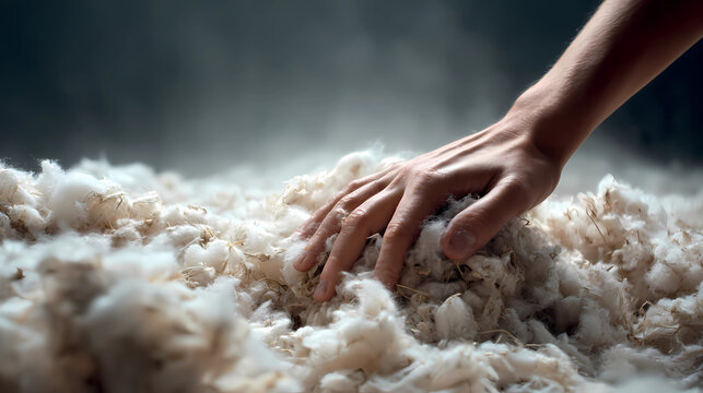 Macro shot of human hand touching soft raw unspun organic cotton fibers, Generative AI illustrations.