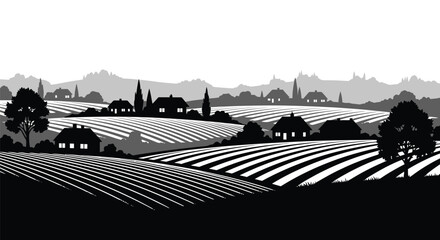 Rolling hills and farmland depicted in a black and white woodcut style © Tm Studio