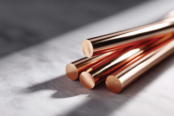 Polished copper rods lie elegantly on a smooth surface, reflecting light beautifully, symbolizing both industrial utility and aesthetic refinement in contemporary manufacturing processes.