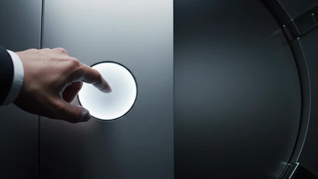 Close-up of a person's hand in a suit pressing a glowing white circular button on a dark metallic panel, suggesting access or control.
