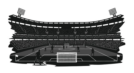 A black and white illustration of a stadium with a soccer game in progress © Tm Studio