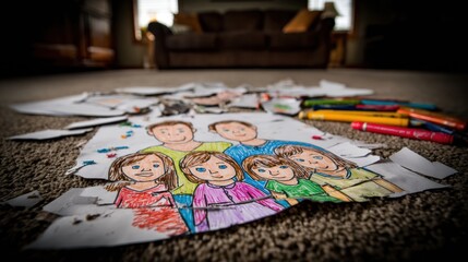 Colorful Drawing of a Family Torn Into Multiple Pieces on Dark Carpet With Professional Lighting and Moody Background