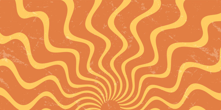 Groovy retro sun burst pattern with wavy orange and yellow background. Sunshine burst grunge effect. Y2k vintage abstract sun adds energy. Horizontal composition for trendy decorative accent.