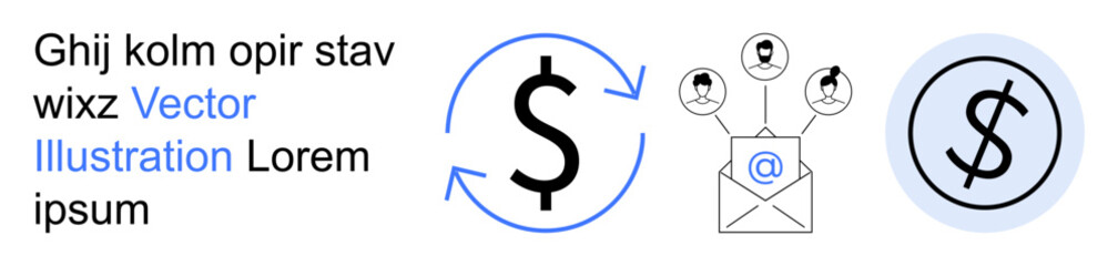 Obraz premium Digital economy, email marketing, financial transactions, networking, online communication, money transfer. Circular dollar symbol, envelope with contacts. Digital economy and email marketing