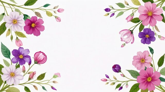Delicate Floral Border with Pink Purple Flowers Frame.